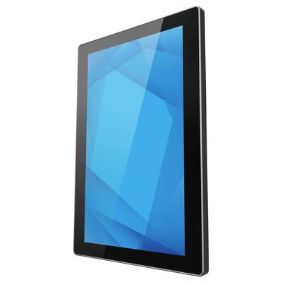 Ein schwarzes Tablet mit leerem blauem Bildschirm in einem Winkel auf weißem Hintergrund angezeigt.