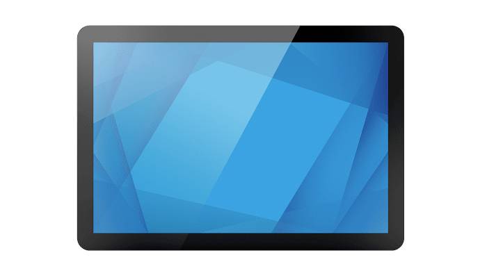 Schwarzes Tablet oder Monitor mit blauem geometrischem abstraktem Bildschirm auf weißem Hintergrund.