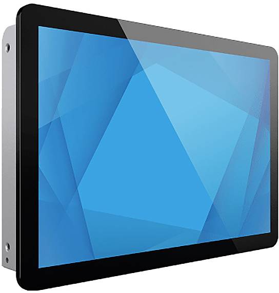 Schwarz gerahmtes wandmontiertes Touchscreen-Display mit geometrischem blauem Bildschirm auf weißem Hintergrund.