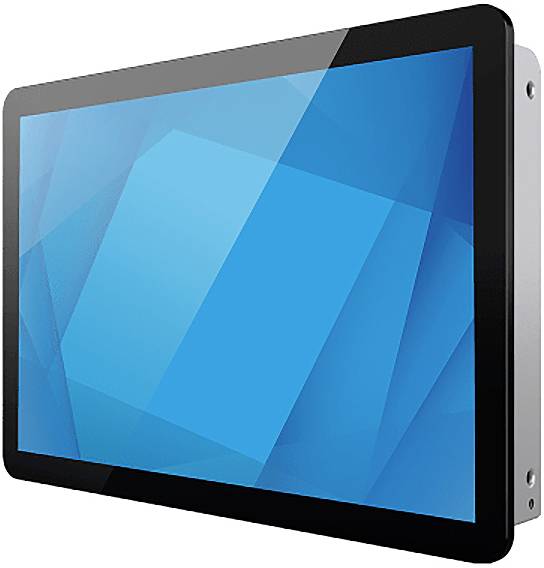 Schwarzgerahmtes Touchscreen-Display in schräger Ansicht mit blauem abstraktem Bildschirm auf silbernem Gerätekörper.
