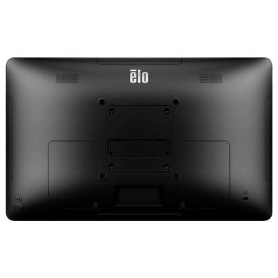 Rückansicht eines Elo-Touchscreen-Monitors mit Wandhalterung, Belüftungsgittern, Anschlussabdeckung und kleinen Steuerungs-/Stromversorgungssymbolen.