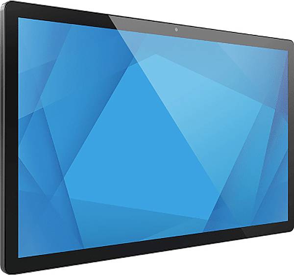 Schwarzes Tablet oder Monitorbildschirm mit blauem geometrischem Hintergrundbild auf weißem Hintergrund.