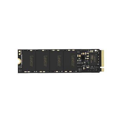 Schwarze Lexar NVMe M.2 SSD in Vorderansicht auf weißem Hintergrund, mit goldener Steckerleiste und sichtbaren Controller-Chips.
