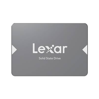 Lexar Solid-State-Drive frontal dargestellt, grau rechteckiges SSD mit dem Lexar-Logo in der Mitte.