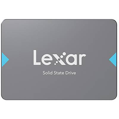 Graues Lexar-Solid-State-Drive mit der Bezeichnung "Solid State Drive" und blauen seitlichen Pfeilen.