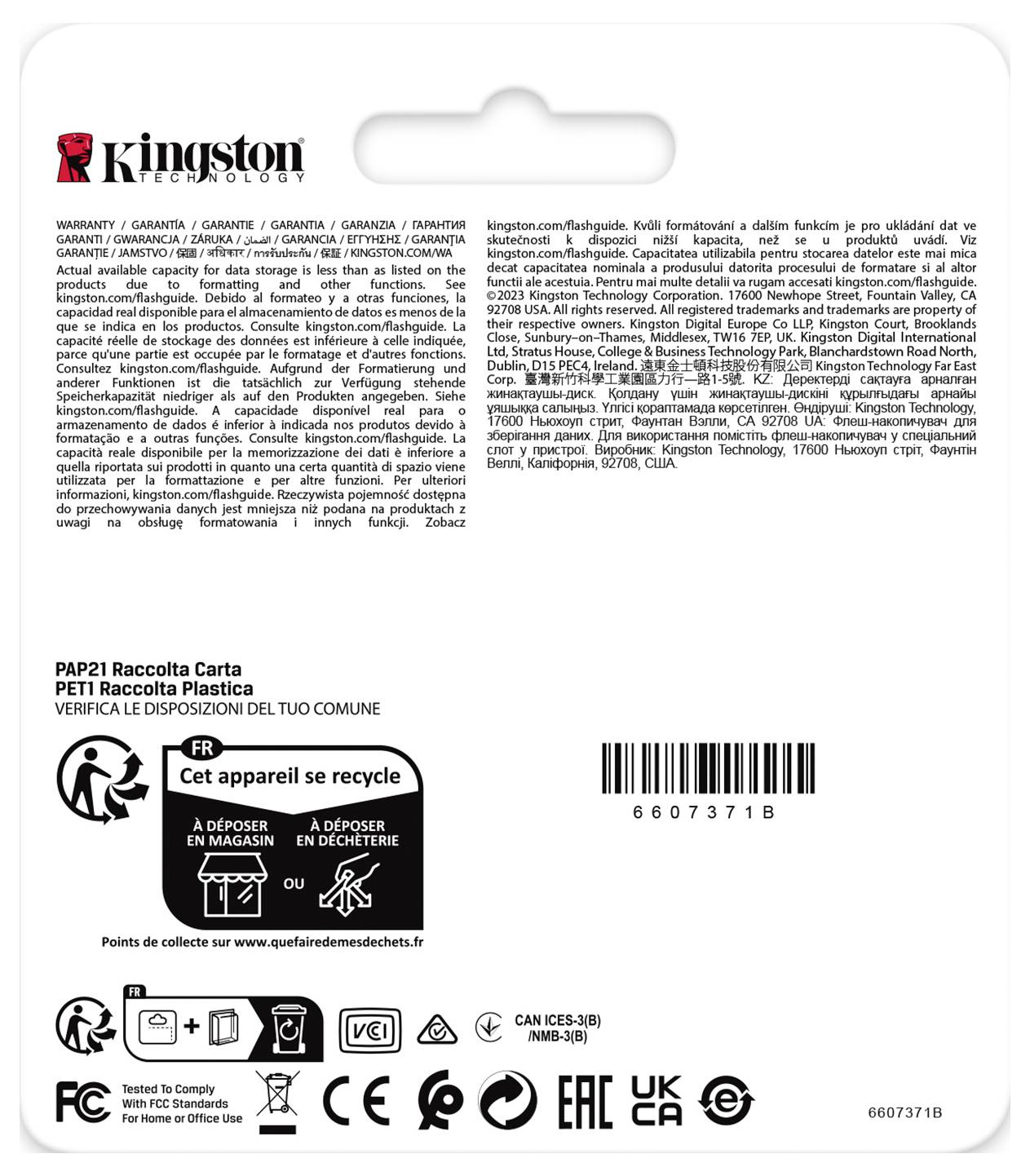 Kingston-Verpackungsrückseite mit mehrsprachigem Garantietext, Recyclinganweisungen, Strichcode und Compliance-Logos auf weißem Hintergrund.