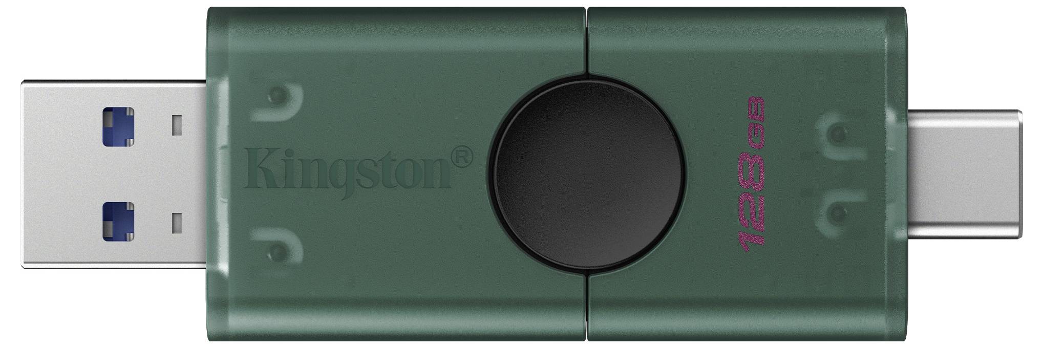 Kingston 128GB USB-Blitzlaufwerk in Grün mit ausfahrbarem USB-C-Anschluss und schwarzer Mittelbaugruppe.