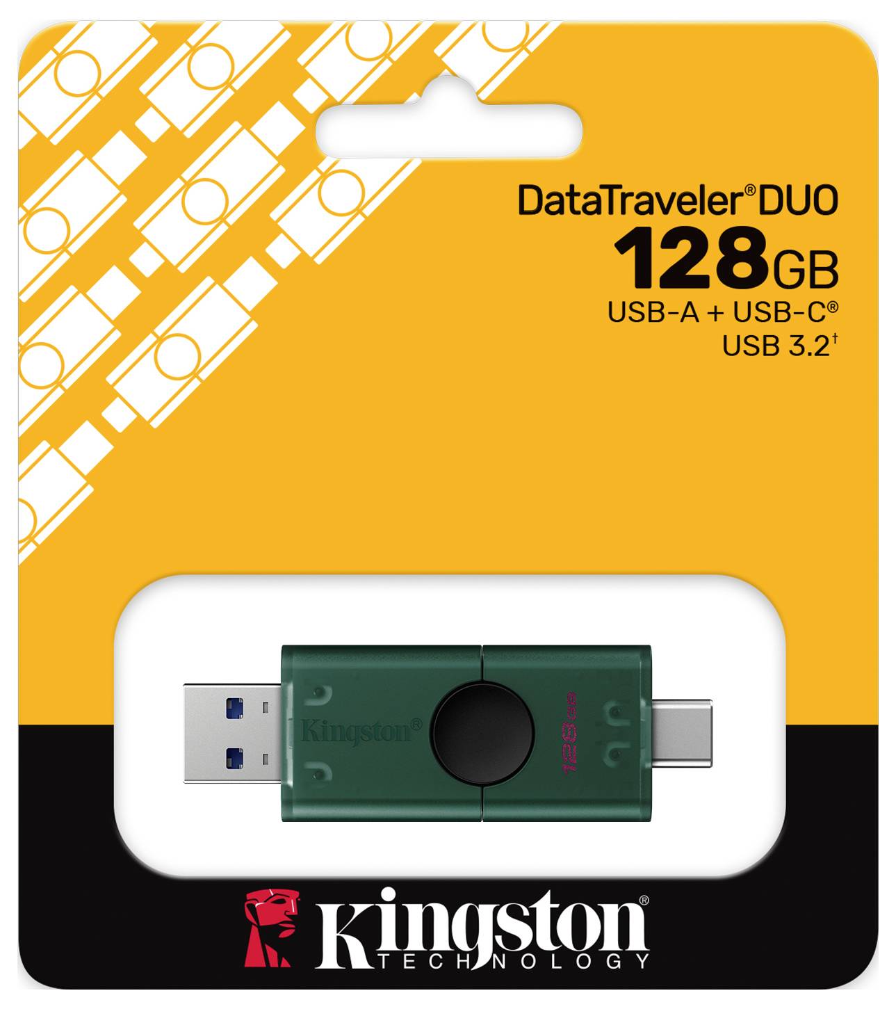 Kingston DataTraveler Duo 128GB USB-Speicherstick-Verpackung mit USB-A und USB-C-Anschlüssen gezeigt.