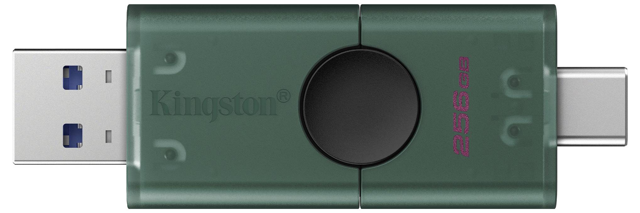 Grüner Kingston USB-Speicherstick mit USB-A und USB-C Anschlüssen, mit der Aufschrift 256GB, gezeigt auf weißem Hintergrund.