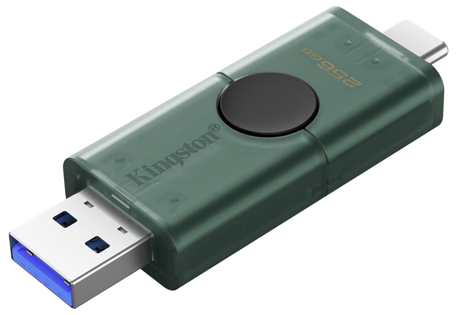 Grüner Kingston USB-Stick mit drehbarem Metalldeckel und blauem USB-A-Anschluss, abgebildet auf weißem Hintergrund.