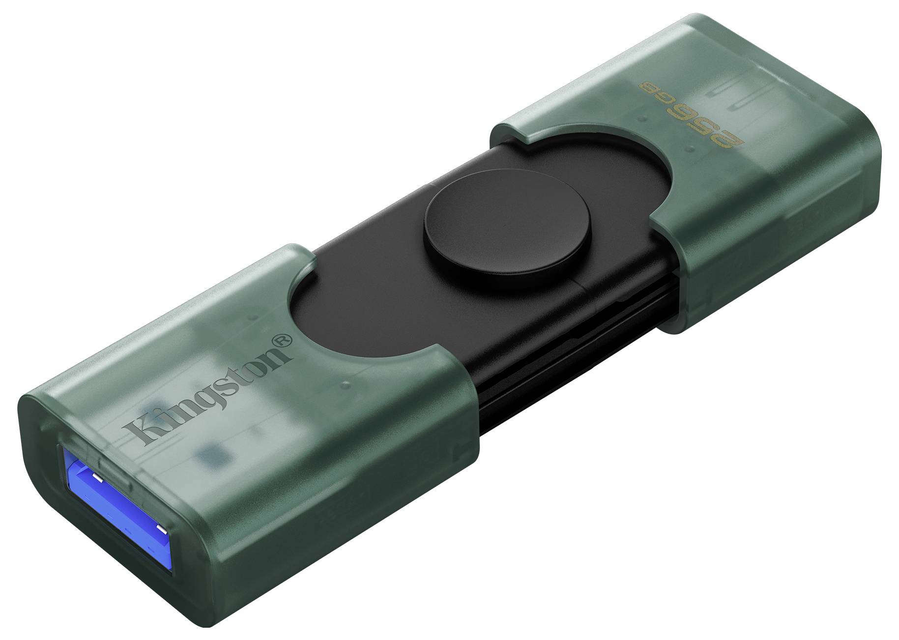 Schwarzes USB-Speicherlaufwerk mit grünen durchsichtigen Kappen, perspektivisch auf weißem Hintergrund dargestellt.