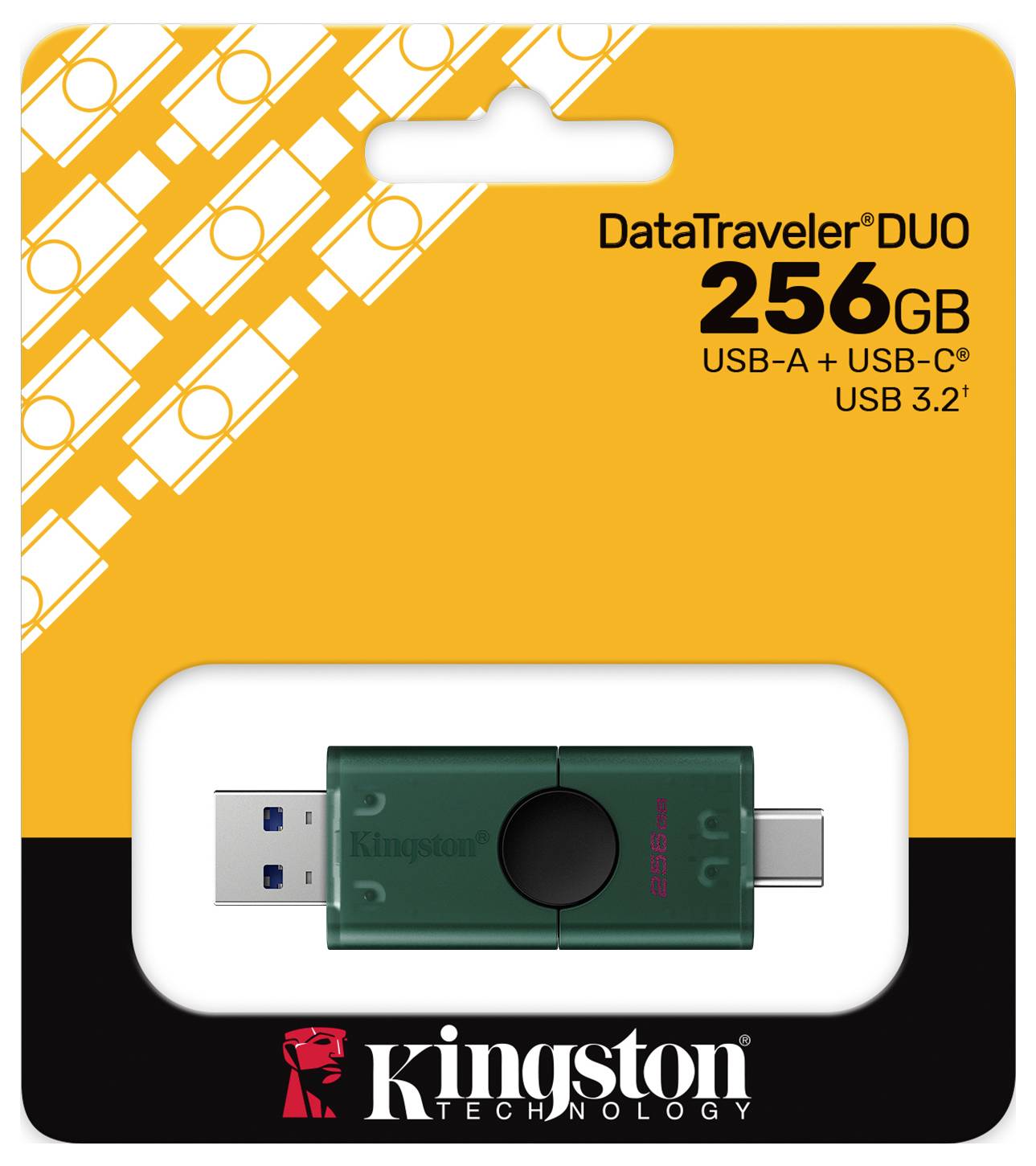 Kingston DataTraveler Duo 256GB USB-Speicherstick mit USB-A- und USB-C-Anschlüssen, abgebildet auf einer orange-schwarzen Einzelhandelsverpackung.