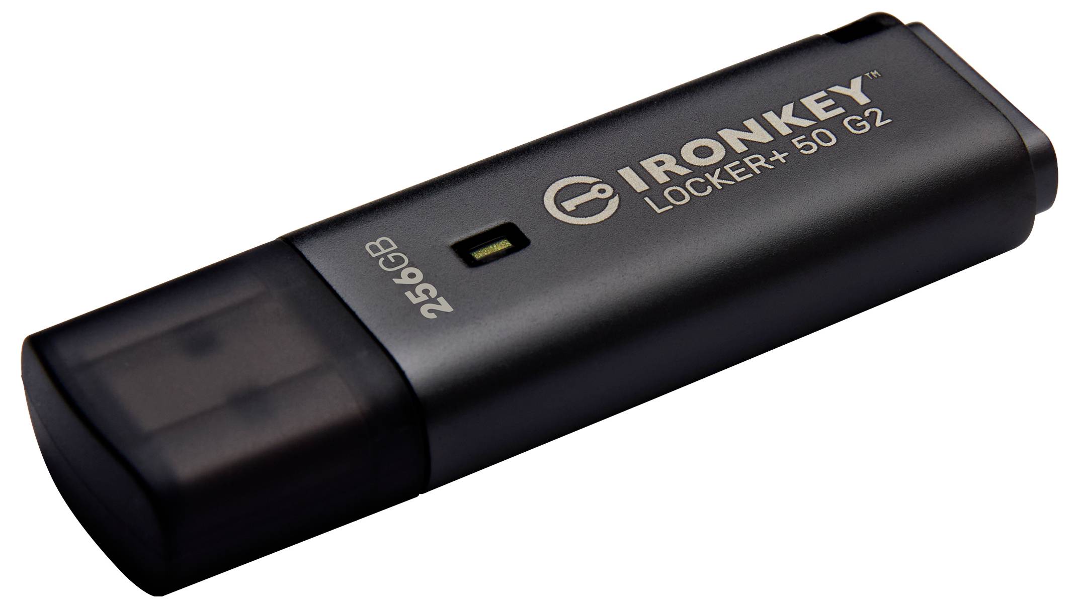Schwarzes IronKey Locker+ 50 G2 USB-Speicherlaufwerk mit 256-GB-Bezeichnung, in schräger Perspektive auf weißem Hintergrund dargestellt.