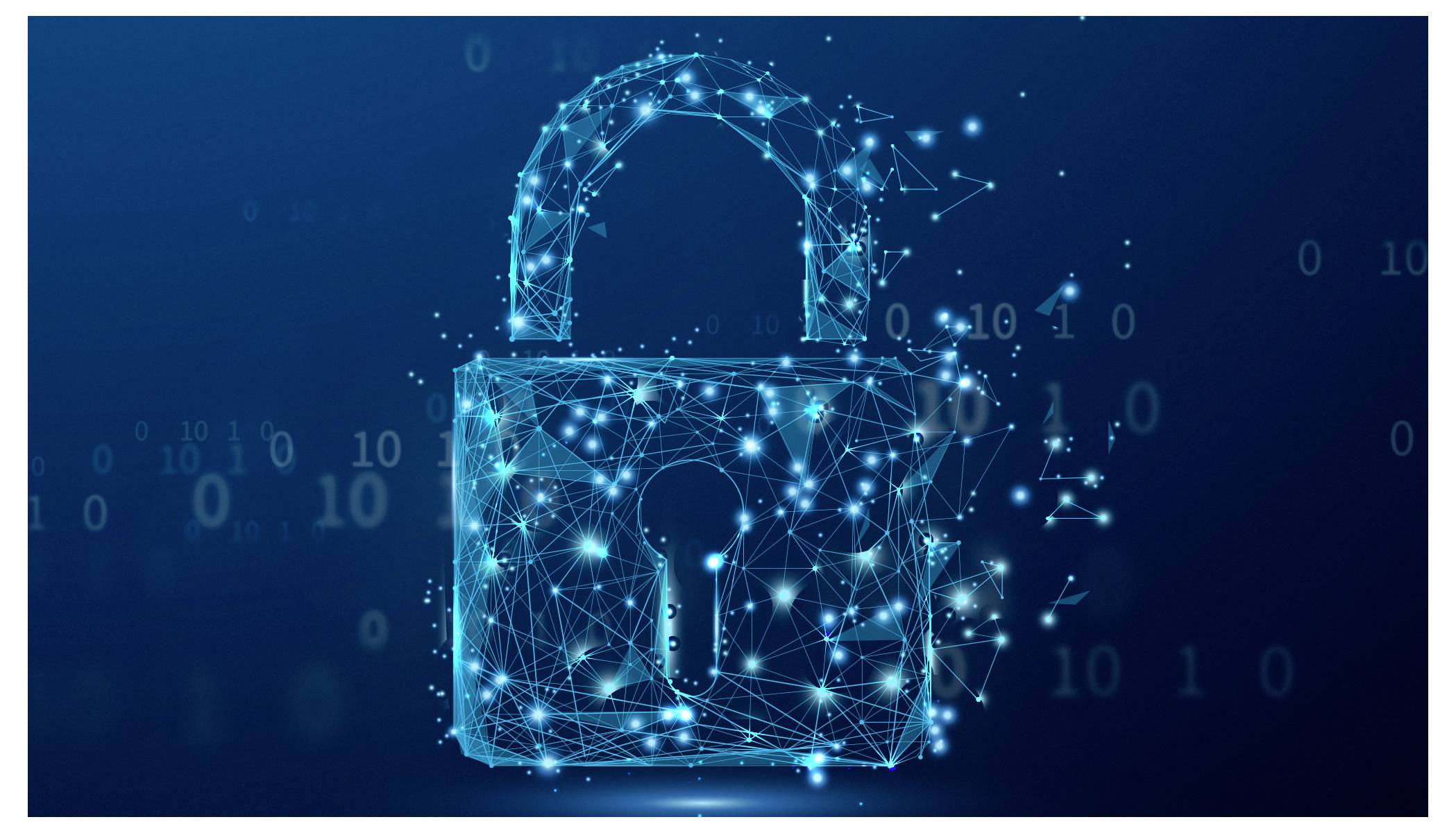 Leuchtende digitale Vorhängeschloss aus Netzwerklinien und Punkten auf einem Binärcode-Hintergrund, symbolisiert Cybersicherheit und Datenschutz.