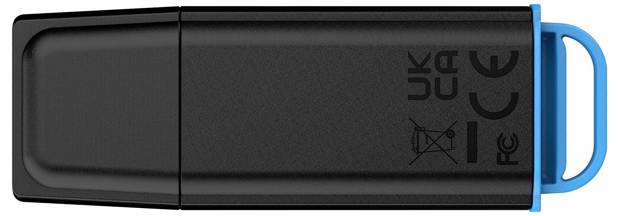 Schwarzer USB-Speicherstick mit einer blauen Schlüsselringschlaufe auf der rechten Seite, gezeigt vor weißem Hintergrund.