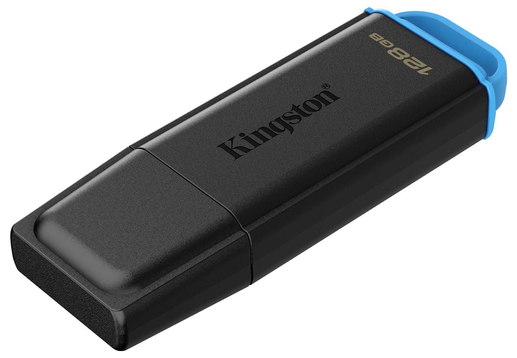 Kingston USB-Stick mit schwarzem Gehäuse und blauer Kappe, auf weißem Hintergrund dargestellt.