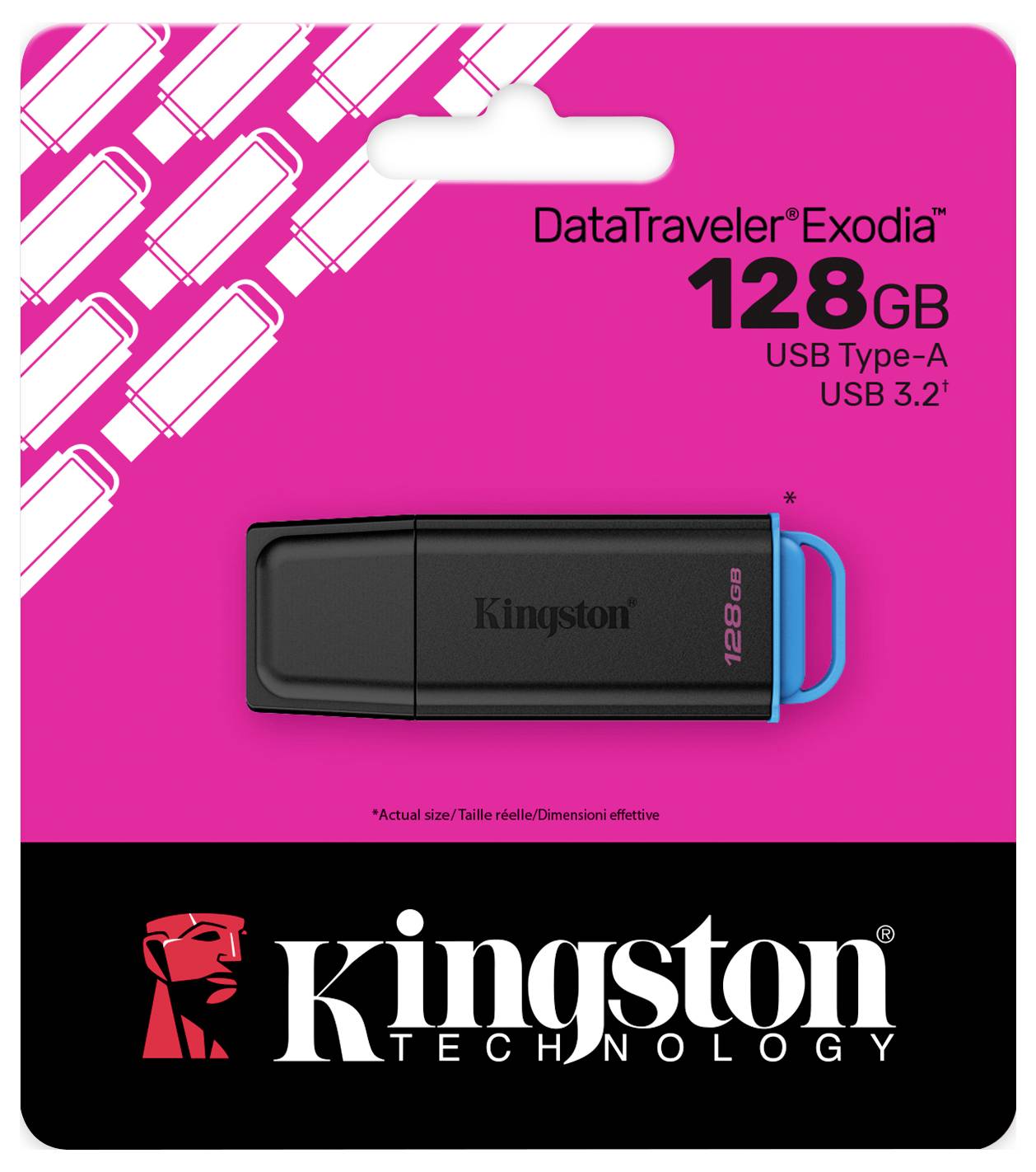 Kingston DataTraveler Exodia 128GB USB-Flash-Laufwerk, USB Type-A und USB 3.2, abgebildet auf einer rosa Verpackung mit Kingston Technology-Branding.