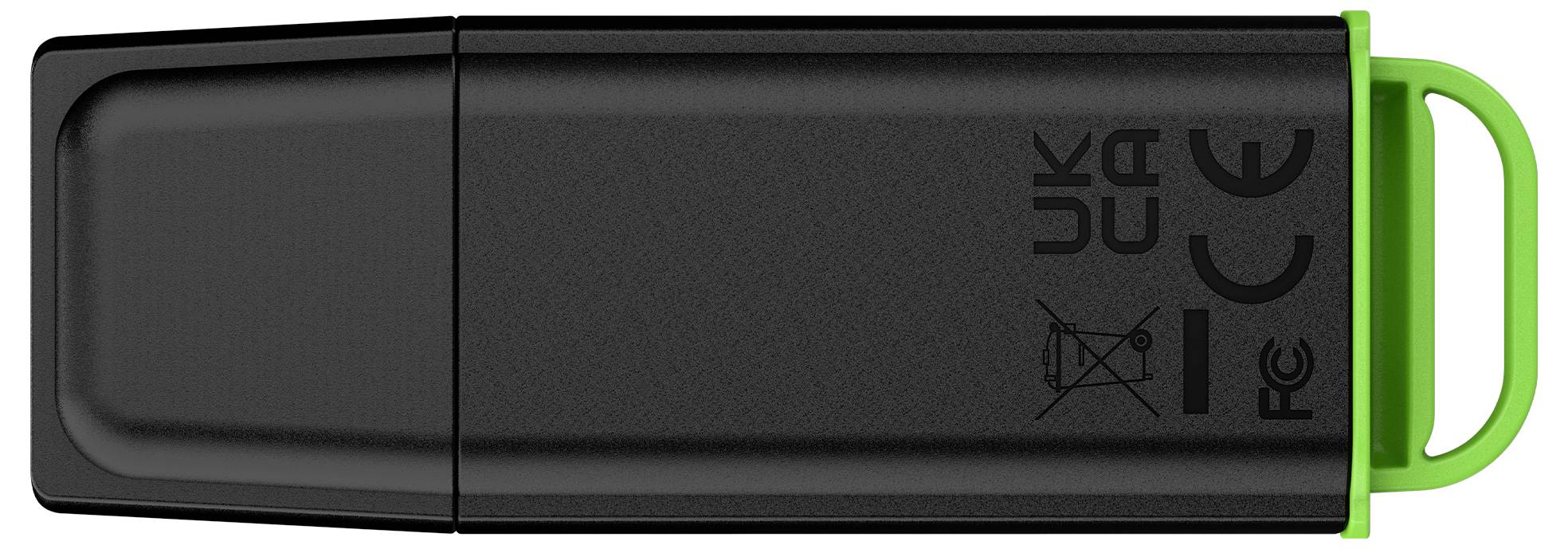 Schwarzes USB-Speicherlaufwerk mit einer leuchtend grünen Schleifenkappe am Ende, gezeigt auf weißem Hintergrund.