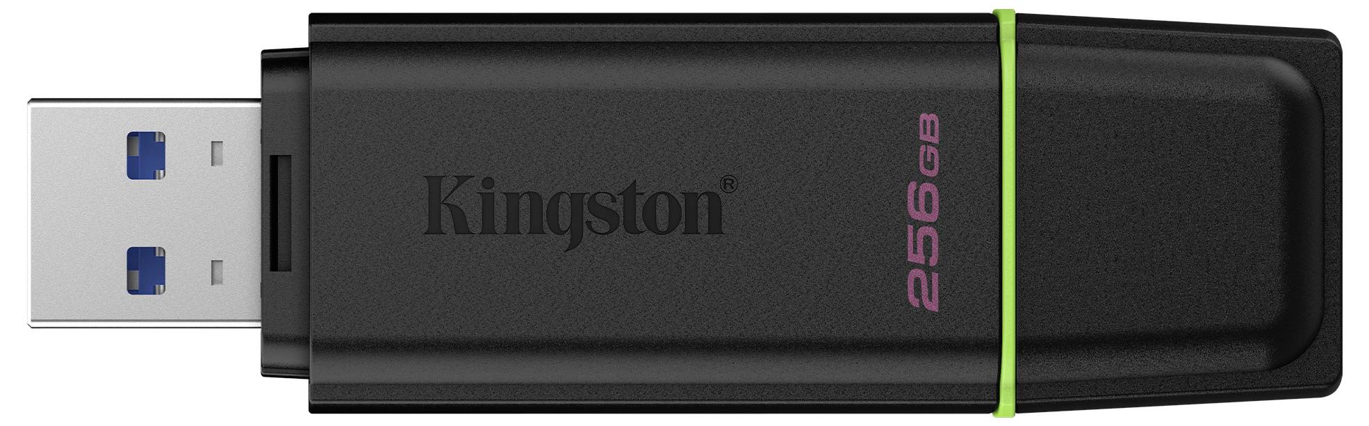 Schwarzer Kingston 256GB USB-Stick mit grünem Akzentband und freiliegendem USB-Anschluss.