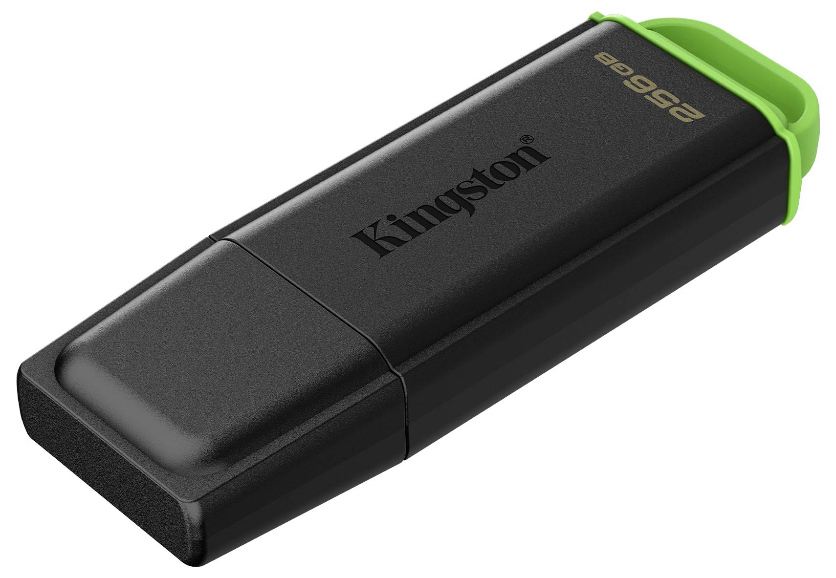 Schwarzes Kingston-USB-Flash-Laufwerk mit grüner Kappe, in einem Winkel auf weißem Hintergrund dargestellt.