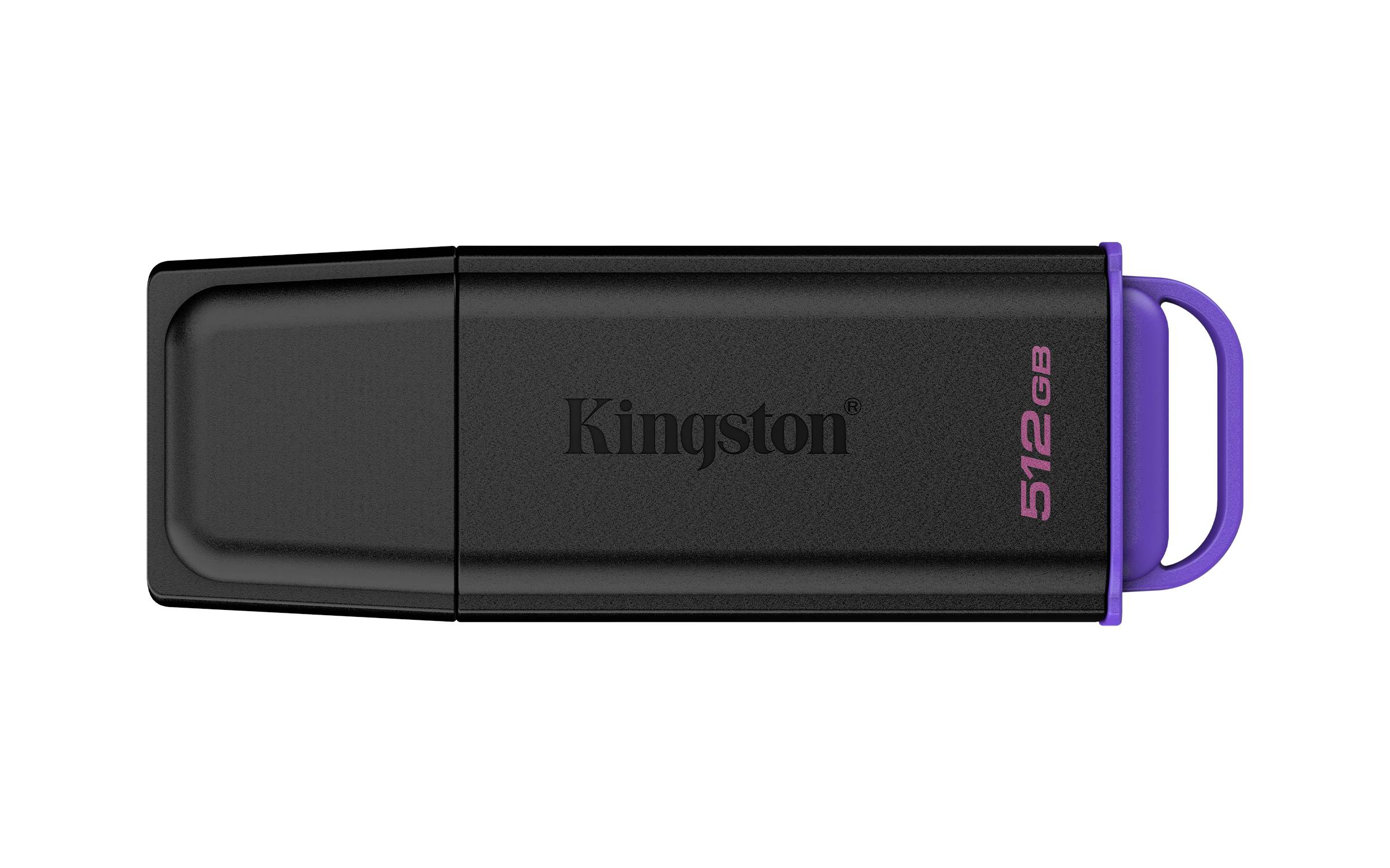 Schwarzes Kingston 512GB USB-Speicherlaufwerk mit violetter Schlaufengriff auf der rechten Seite
