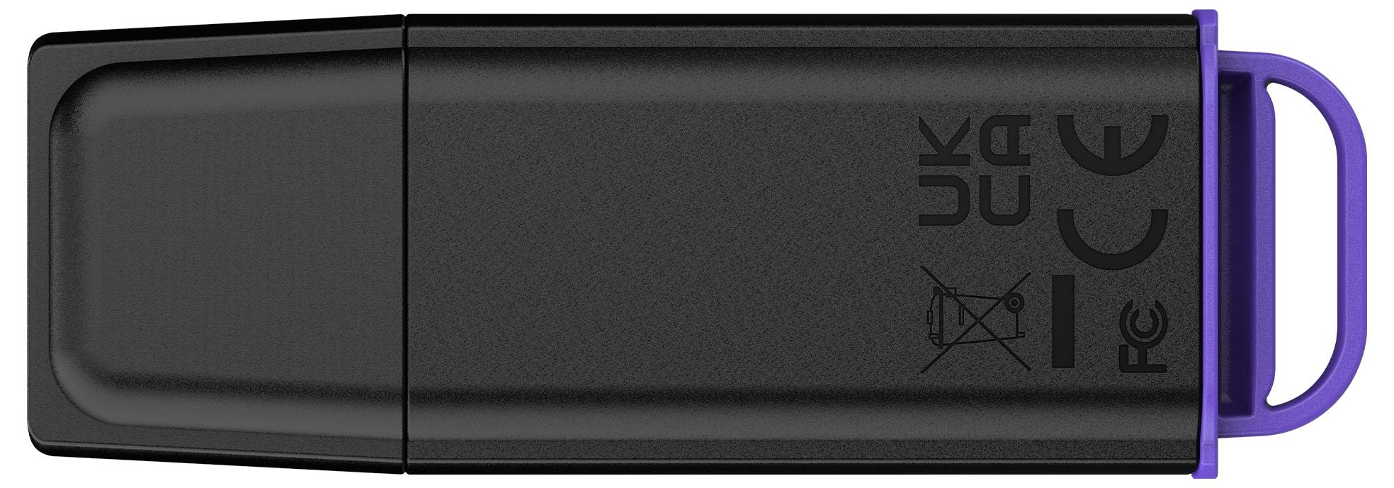 Schwarzes USB-Flash-Laufwerk mit einer violetten Schlaufengriff auf der rechten Seite
