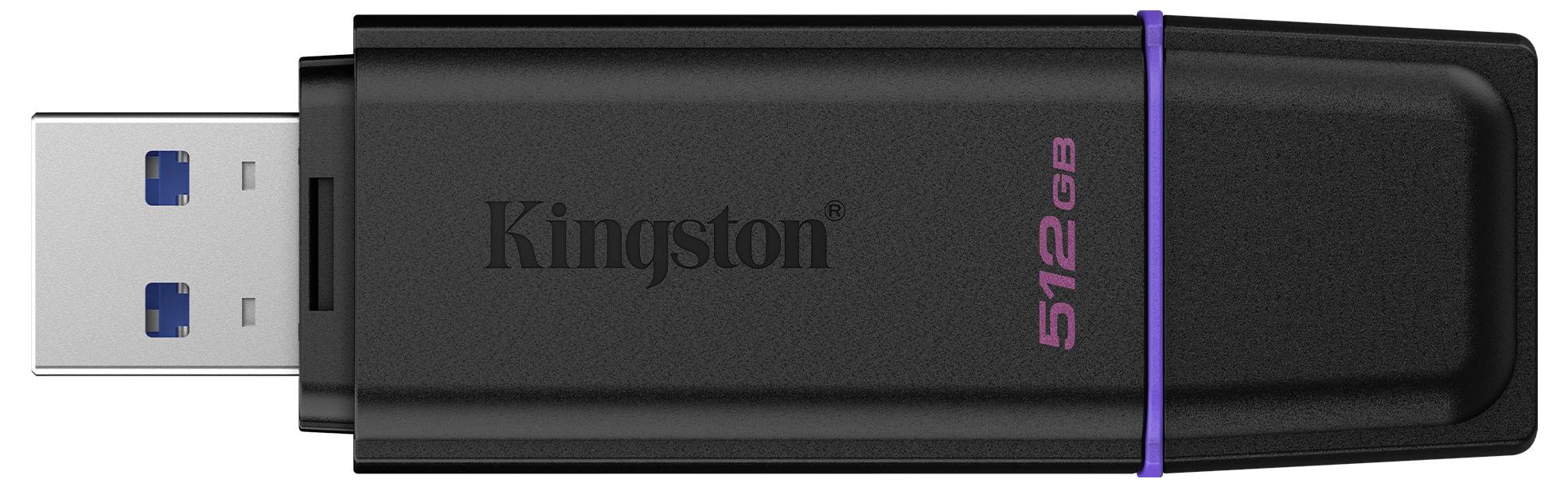 Schwarzes Kingston 512GB USB-Flash-Laufwerk mit kappenlosem Design und blauem/violettem Akzentring, auf weißem Hintergrund abgebildet.