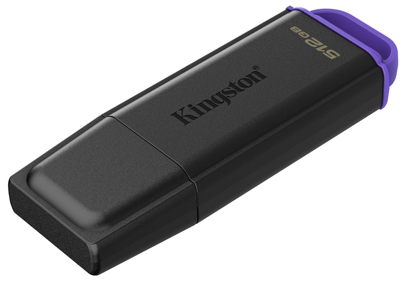 Schwarzes Kingston USB-Flash-Laufwerk mit violetter Kappe, dargestellt auf weißem Hintergrund.