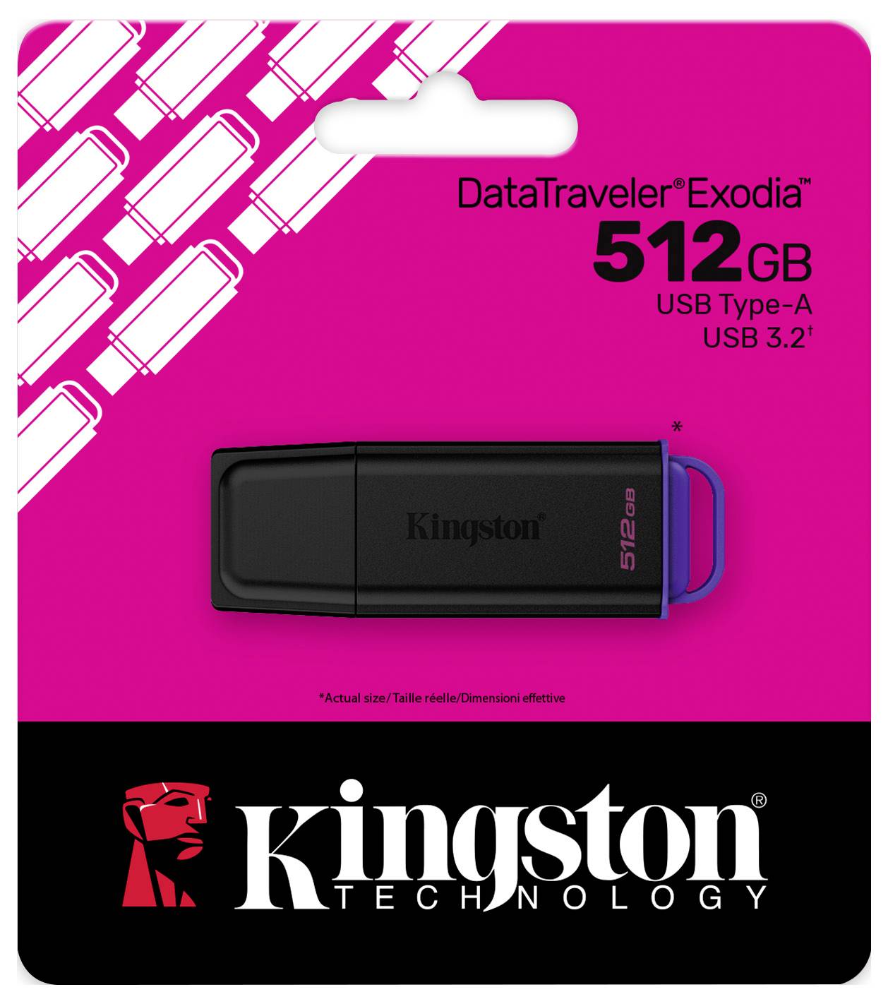 Kingston DataTraveler Exodia 512GB USB Type-A USB 3.2 Flash-Laufwerk-Packung, gezeigt auf einem rosa Hintergrund mit Kingston-Branding.