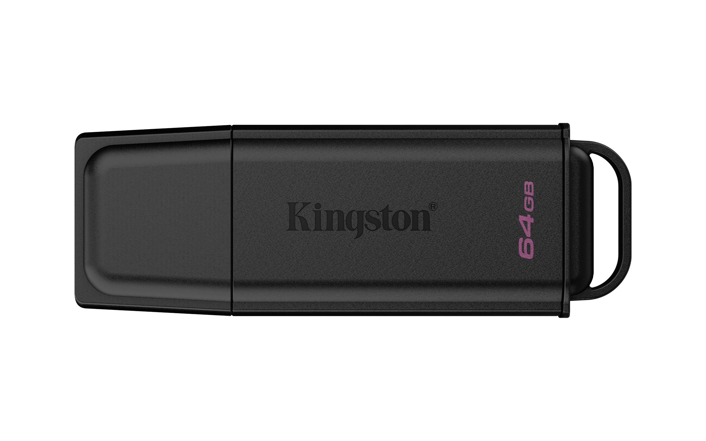 Schwarzes Kingston 64GB USB-Speicherlaufwerk mit einer integrierten Schlaufe am rechten Ende, gezeigt auf weißem Hintergrund.