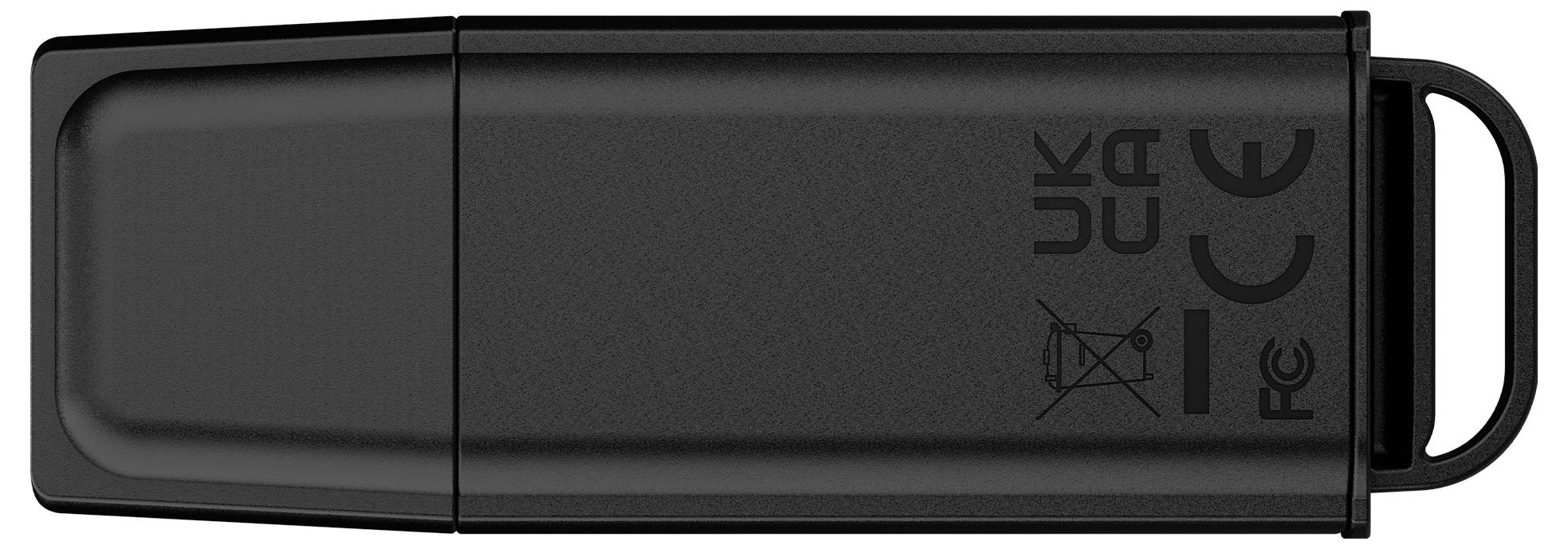 Schwarzes USB-Flash-Laufwerk mit einer Schleifenkappe und gedruckten Konformitätssymbolen auf dem Gehäuse.