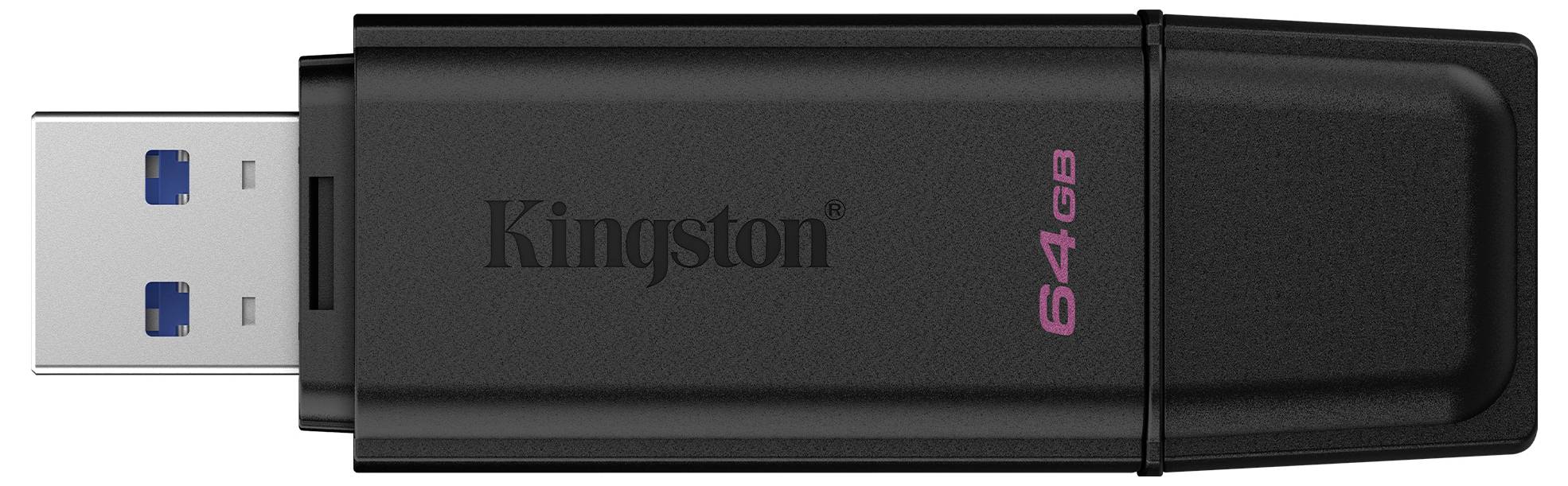 Schwarzes Kingston 64-GB-USB-Stick mit ausfahrbarem USB-Anschluss auf weißem Hintergrund dargestellt.
