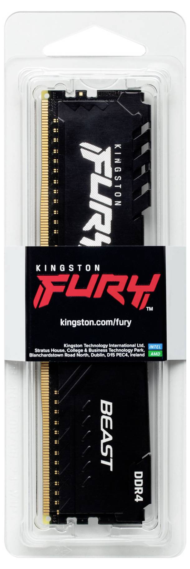 Ein Kingston Fury Beast DDR4-Desktop-RAM-Modul in klarer Einzelhandelsverpackung, beschriftet mit „Kingston Fury" und „Beast".