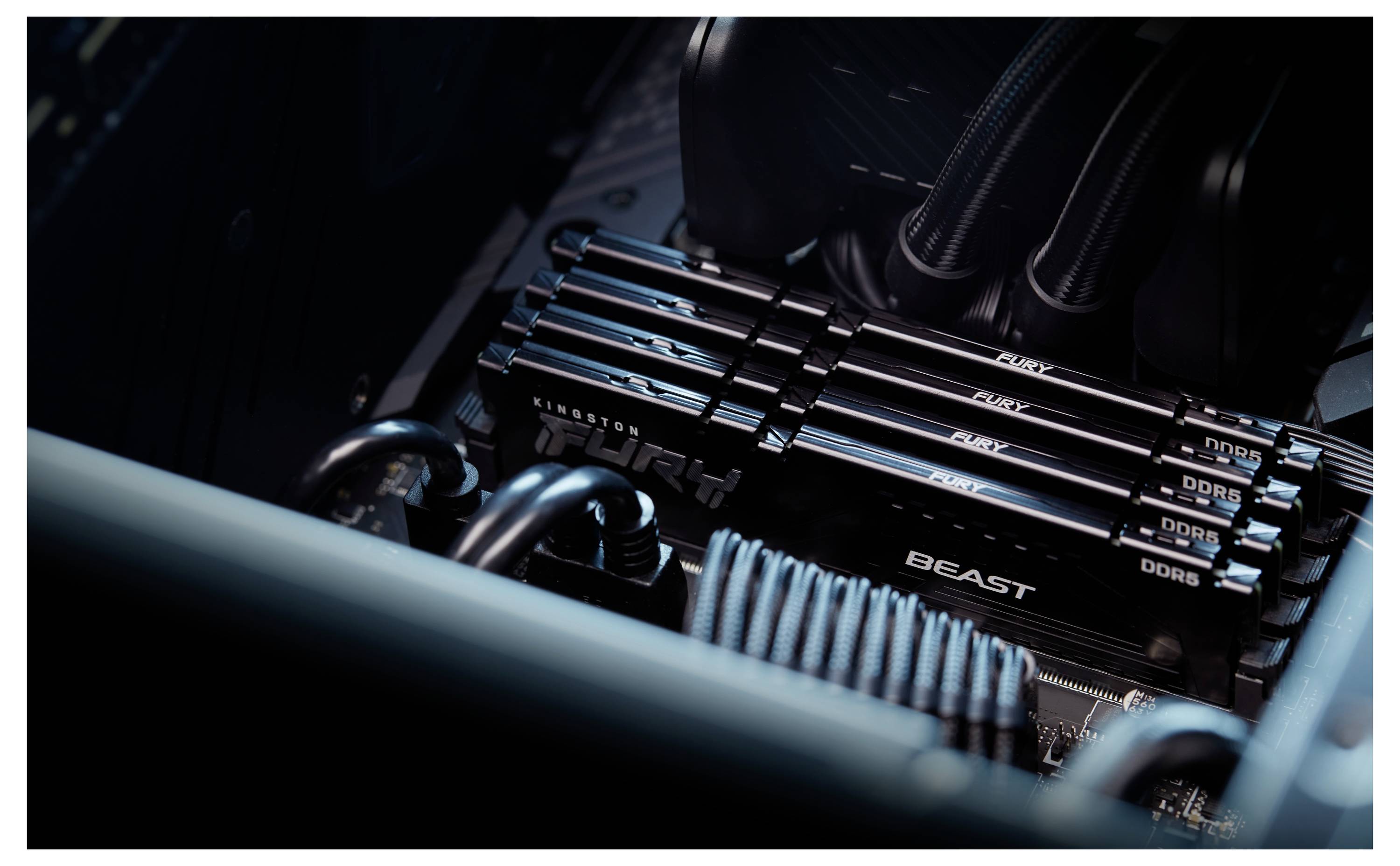 Nahaufnahme eines benutzerdefinierten PC-Motherboards mit vier Kingston Fury Beast RAM-Sticks und geflochtenen Kühlungsschläuchen in einem dunklen Computergehäuse.