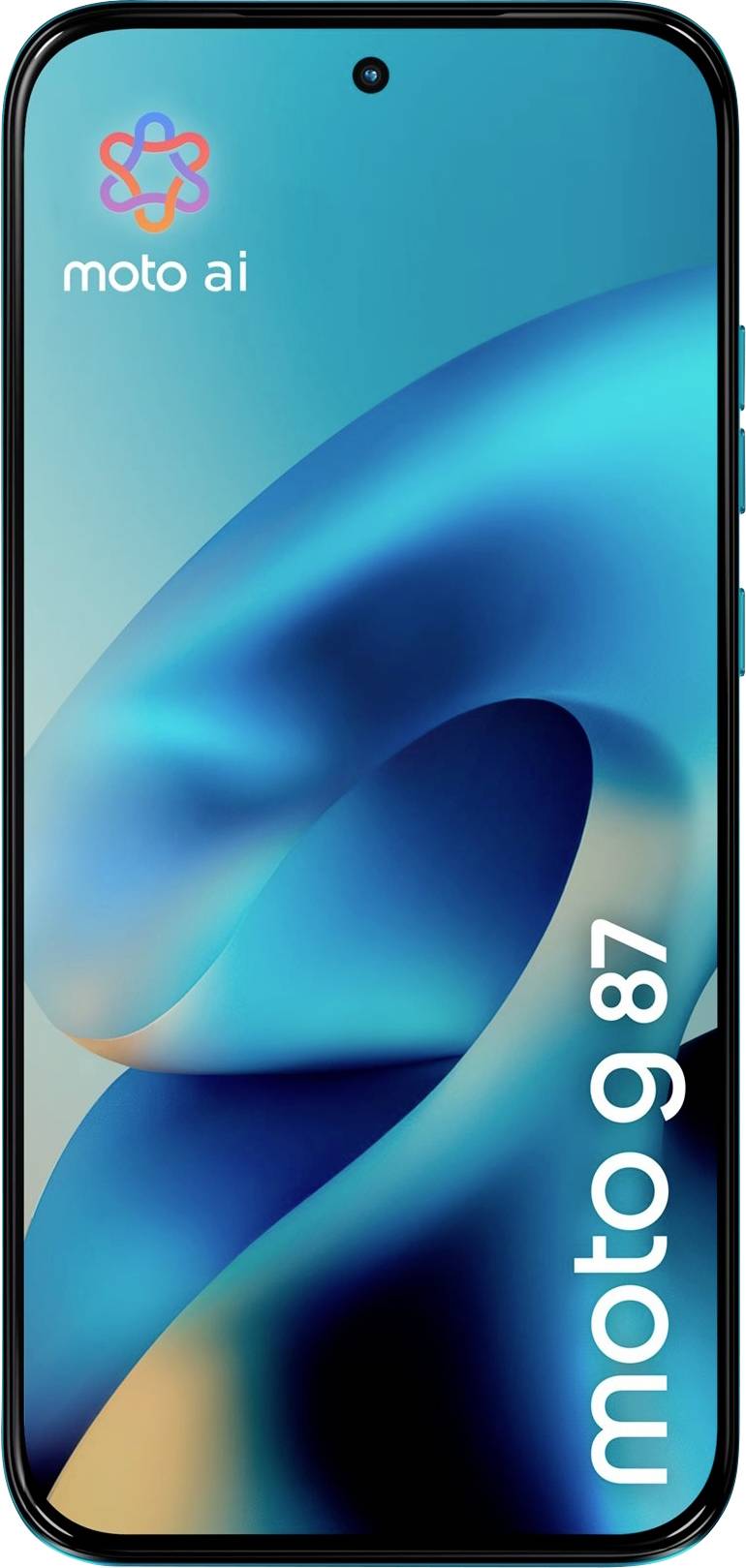 Motorola Moto g87 Smartphone frontal dargestellt mit türkisem abstraktem Hintergrund und „moto ai" Branding auf dem Bildschirm.