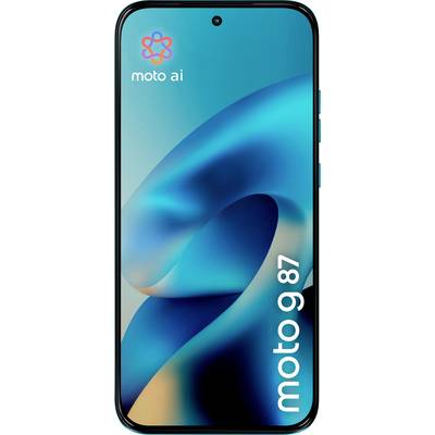 Motorola Moto g87 Smartphone frontal dargestellt mit türkisem abstraktem Hintergrund und „moto ai" Branding auf dem Bildschirm.