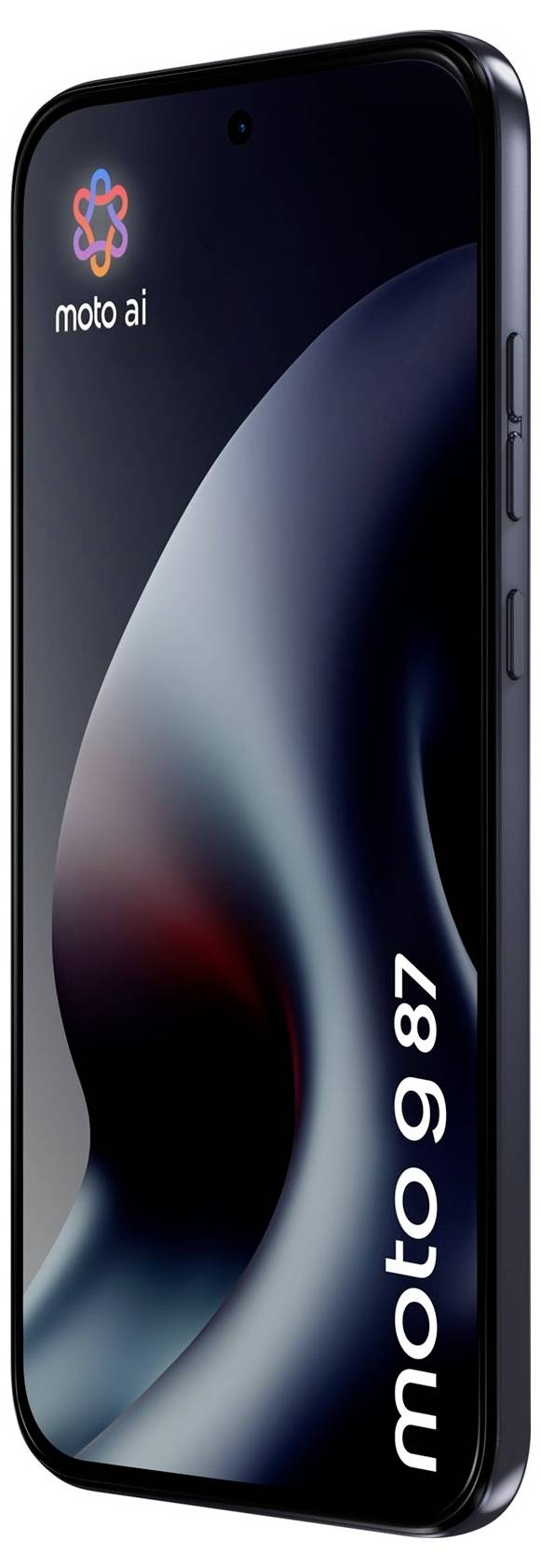Frontansicht eines Motorola-Smartphones mit dem Sperrbildschirm, auf dem die Marke „moto ai" und der Text „moto g 87" auf einem dunklen abstrakten Hintergrund angezeigt werden.