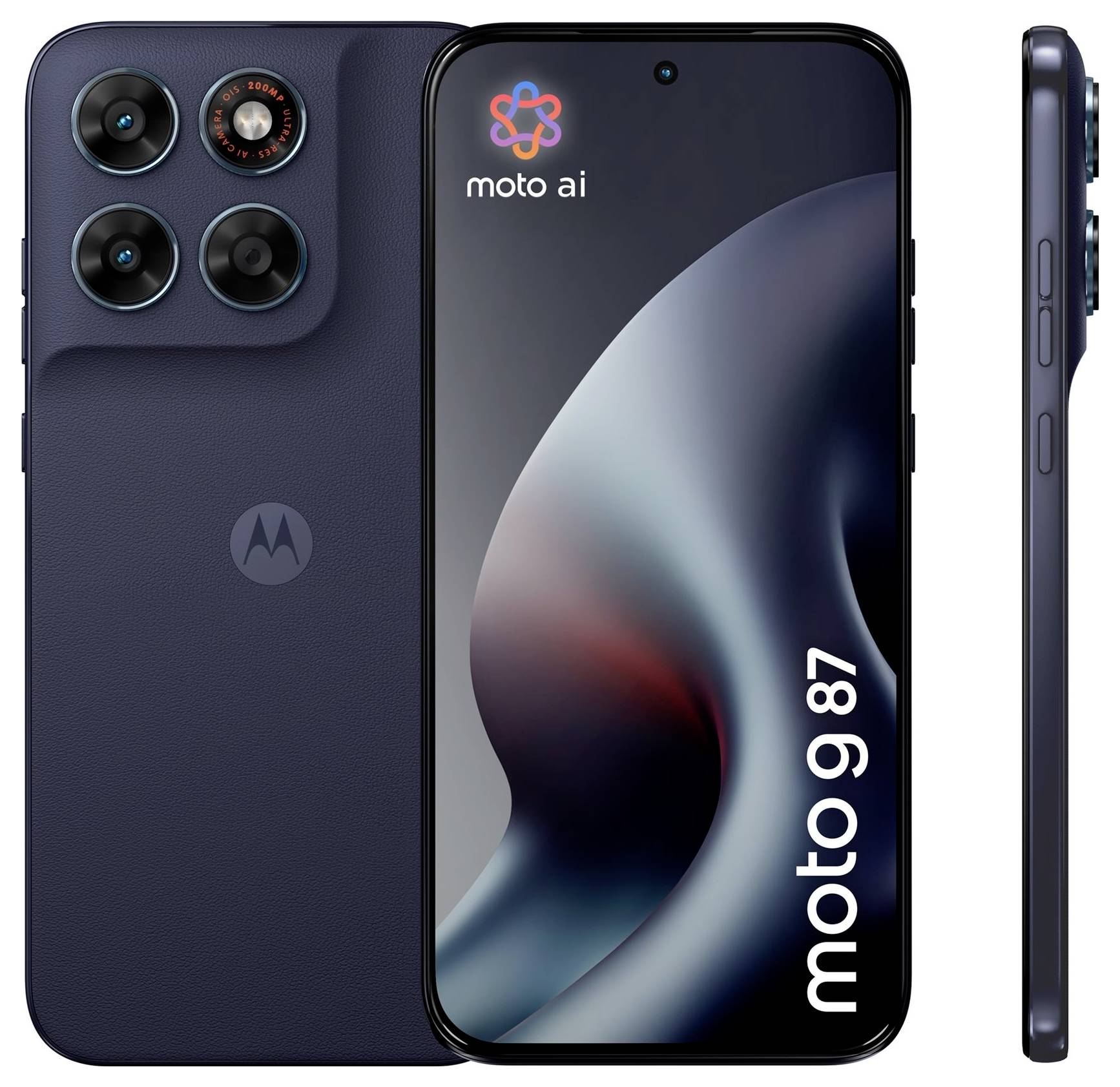 Motorola Moto 5G Smartphone von vorne, hinten und von der Seite in Dunkelblau gezeigt, mit "moto ai" Branding und "moto 5G" auf dem Bildschirm.