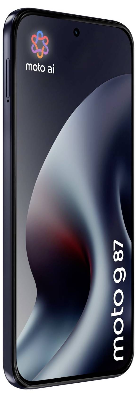 Vorderansicht eines schwarzen Moto AI-Smartphones mit Punch-Hole-Display und glänzender abstrakter Tapete, zeigt "moto ai" und "moto 87" Branding.