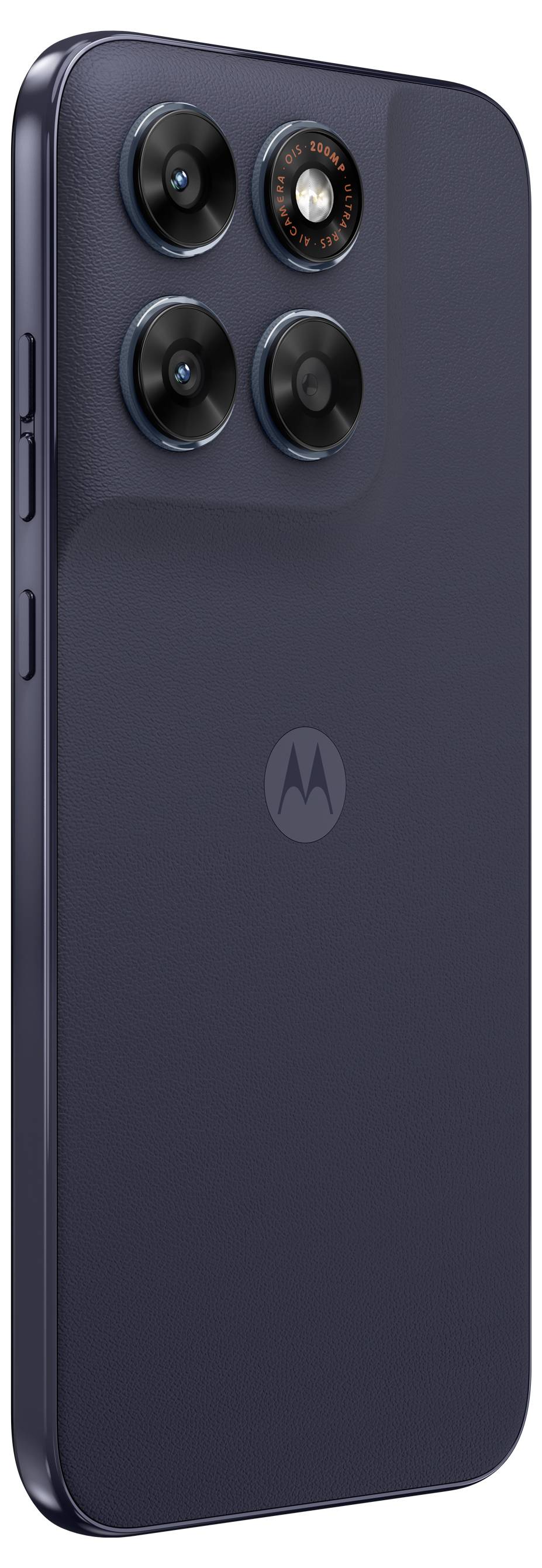 Rückansicht eines dunkelblau Motorola-Smartphones, das ein Quad-Kamera-Modul mit drei Objektiven und einem Blitz auf der Rückseite zeigt.