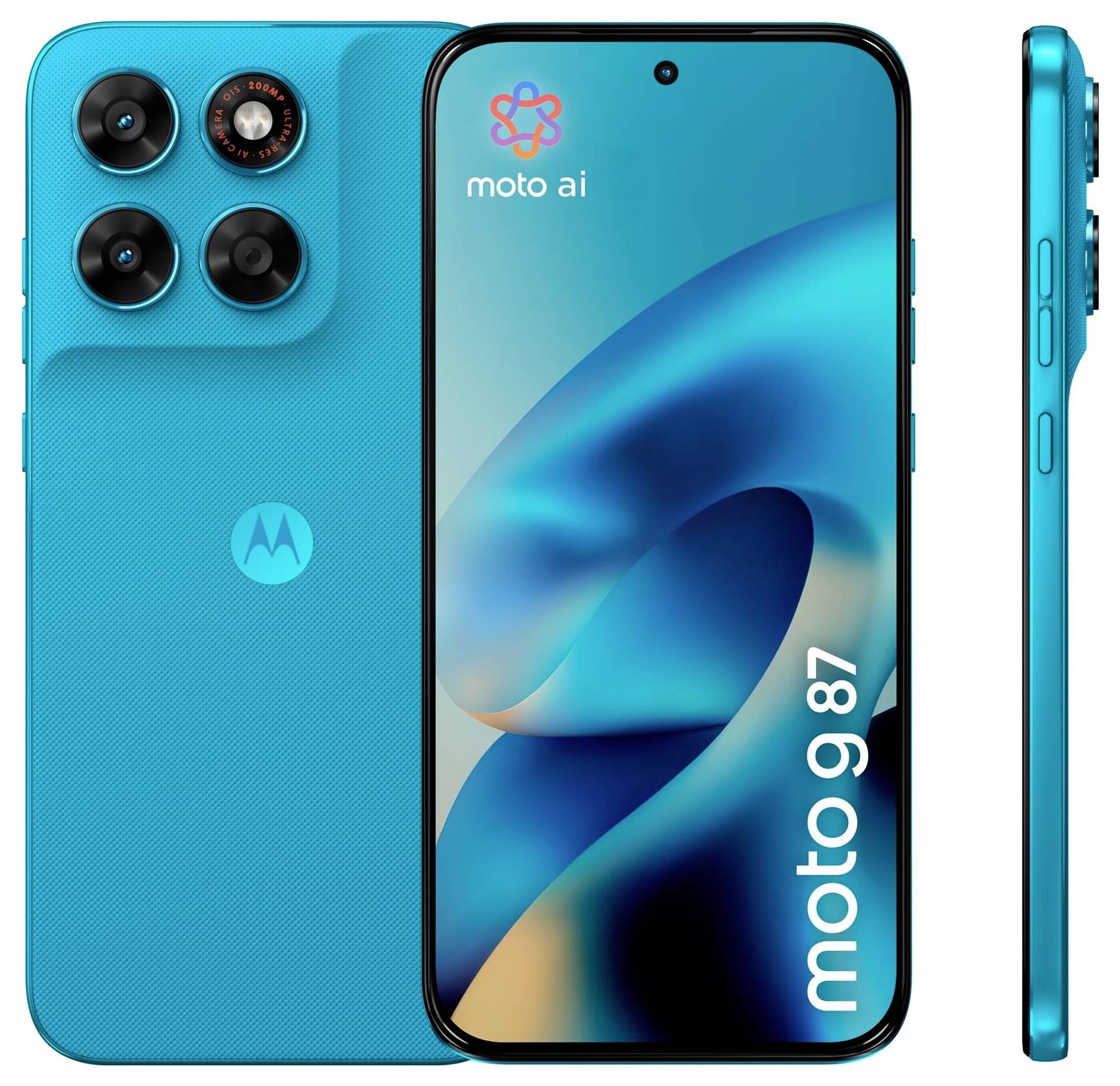 Motorola Moto AI Smartphone von vorne und hinten in Dunkelblau dargestellt, wobei das Quad-Kamera-Hintermodul und der Bildschirm mit "moto ai"- und "moto g87"-Branding hervorgehoben werden.