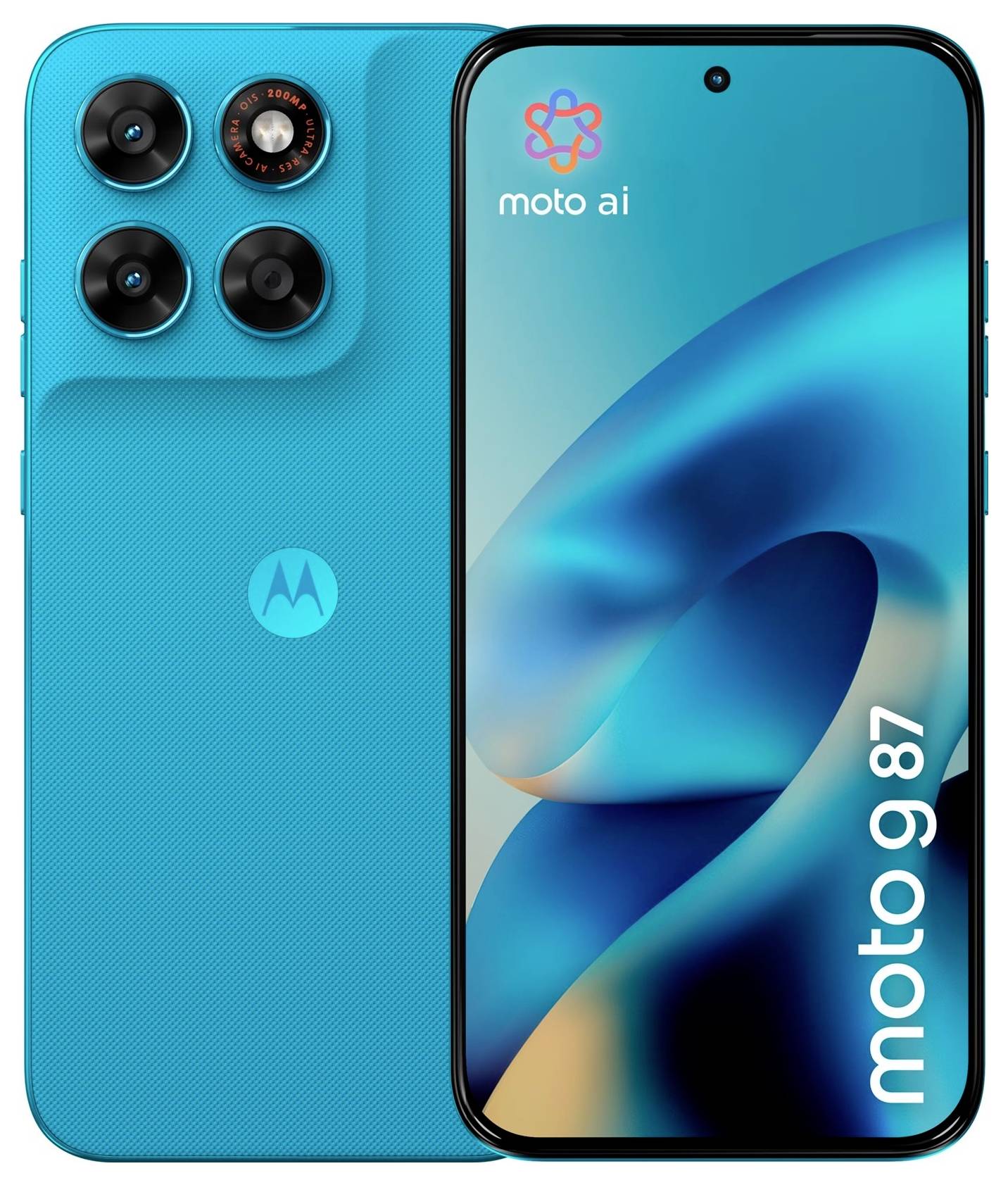 Motorola Moto G87 Smartphone in Türkis von vorne und hinten gezeigt, mit dreifacher Hintergrundkamera und „moto ai" Branding auf dem Bildschirm.