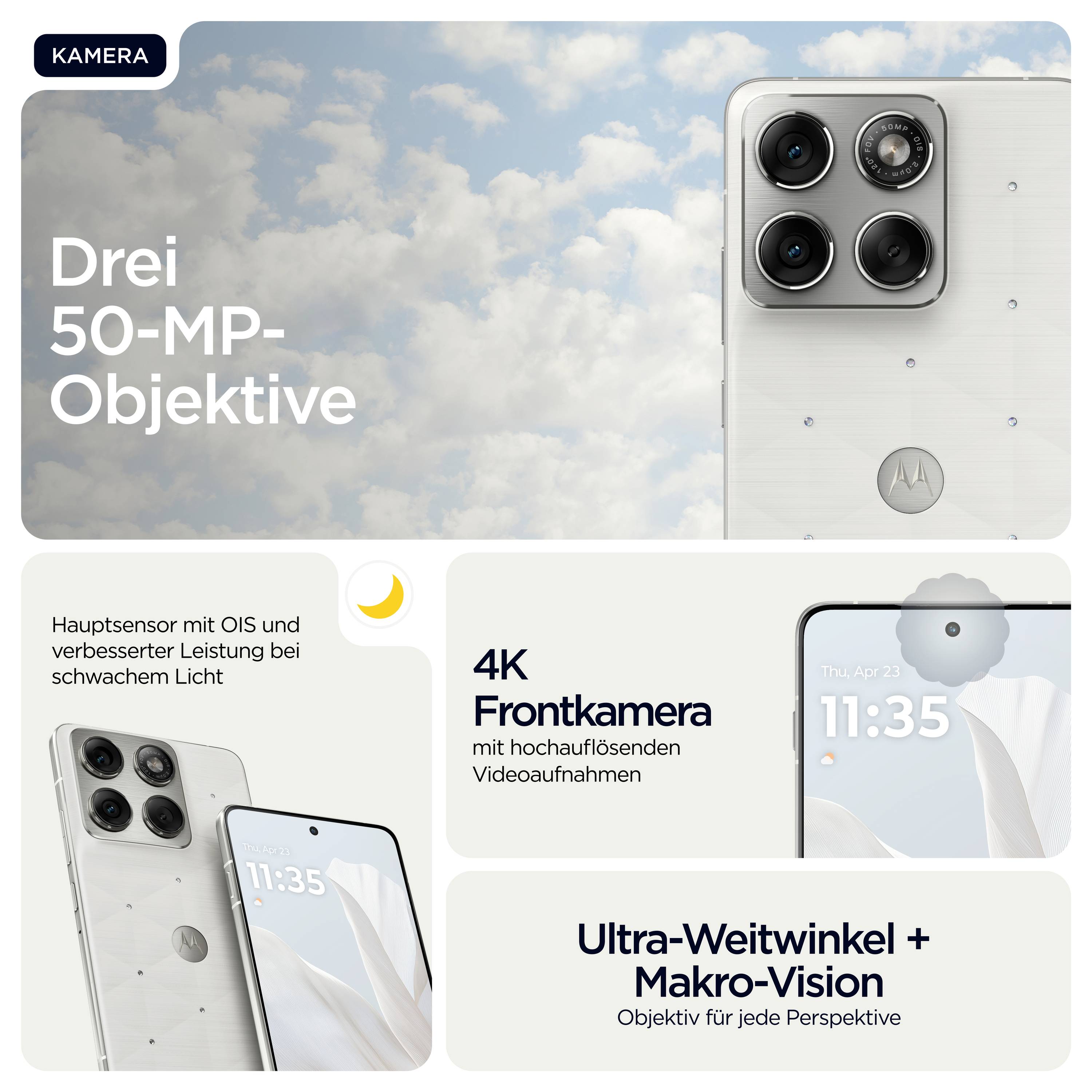 Motorola Telefon Werbegrafik mit Betonung auf ultradünnes 5,99 mm Profil, robustes Design, IP68/IP69 Wasserbeständigkeit und MIL-STD 810H militärische Haltbarkeit.