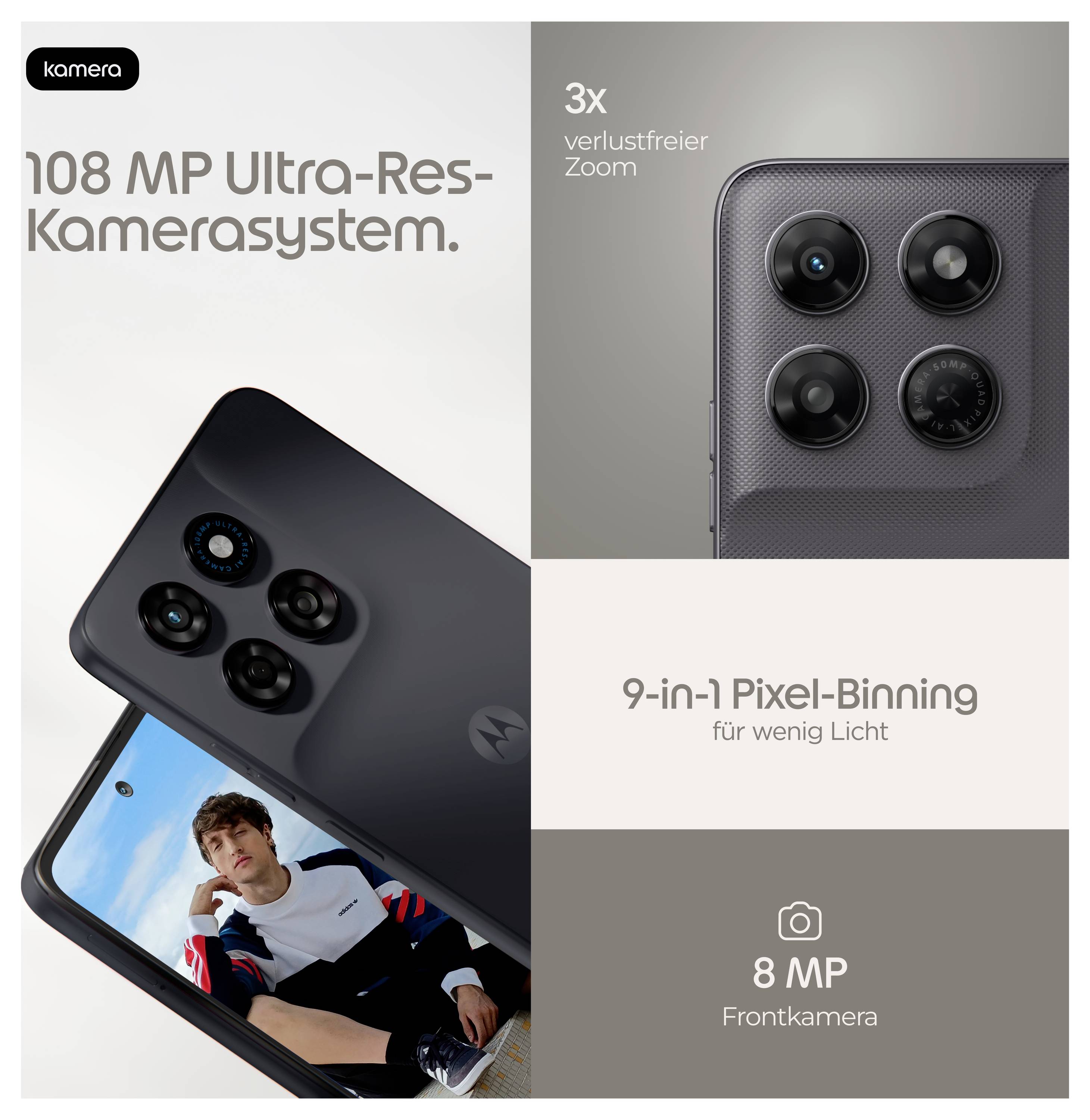 Smartphone-Kamera-Werbung mit einem 108-MP-Ultra-Hochauflösungs-Rückfahrkamera-System, 3x verlustfreiem Zoom, 9-in-1-Pixel-Binning und 8-MP-Frontkamera.