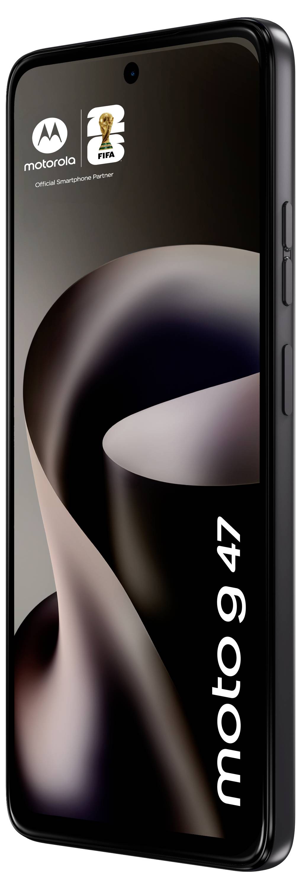 Rosa Motorola Moto G37 Smartphone in Vorderansicht mit abstraktem rosa Hintergrund und „Moto G37"-Branding am Bildschirmrand.