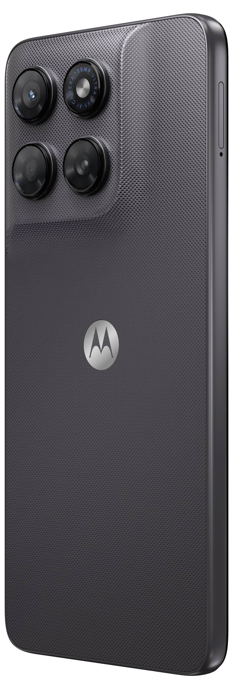 Rückansicht eines dunkelgrauen Motorola-Smartphones mit vier Kameraobjektiven in einem quadratischen Modul und einem zentrierten Motorola-Logo.