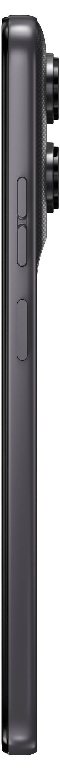 Seitenansicht eines schwarzen Smartphones mit schlankem Profil, seitlichen Tasten und einer vorstehenden hinteren Kamerabuckel.