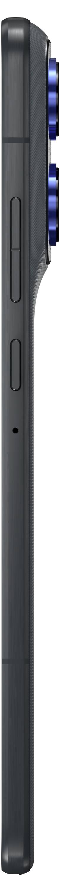Seitenansicht eines schwarzen Smartphones mit schmalem Profil und prominentem blauem Kameramodul in der Nähe der oberen Kante.