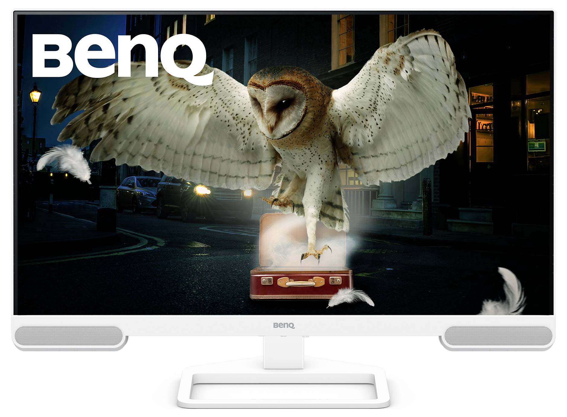 BenQ-Monitor zeigt eine Scheune Eule, die aus einem Koffer auf einer dunklen Straßenszene fliegt, mit "BenQ"-Branding in der Ecke.