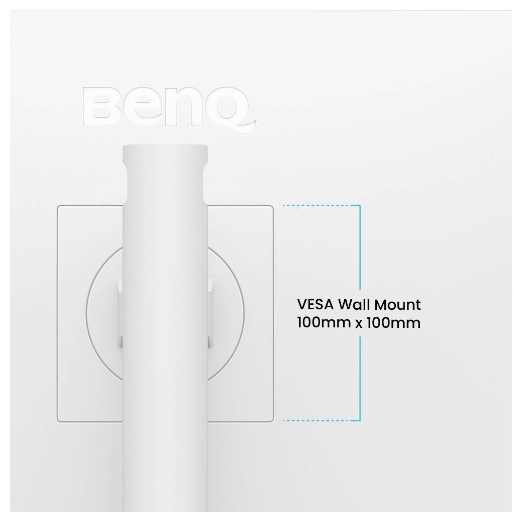 Rückseite eines BenQ-Monitors mit einem VESA-Wandhalterungsmuster mit der Bezeichnung "VESA Wall Mount 100mm x 100mm".
